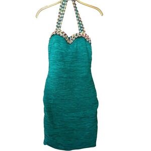 Teal Rouched Daisy Embellished‎ Halter Dress Size S Easter Spring Tea Party